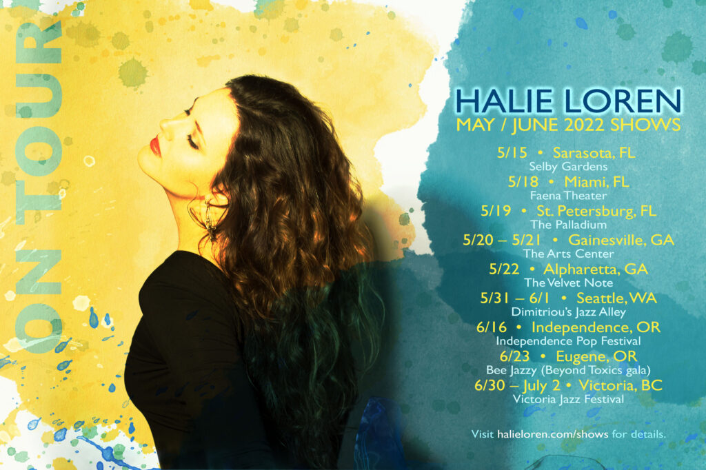 Halie Loren's May & June 2022 concerts (photo of Halie Loren with yellow and turquoise coloration)