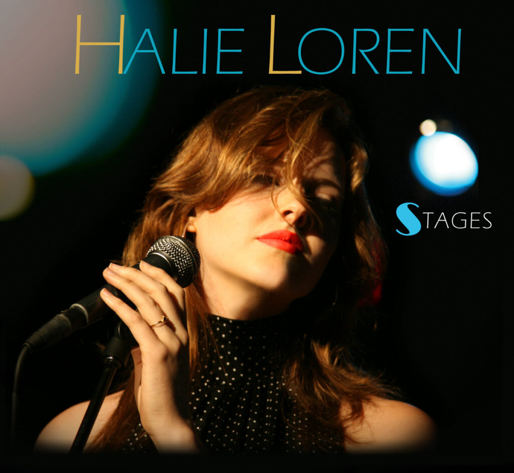 Stages album cover featuring photo of Halie Loren in front of a microphone with stage lights in the background